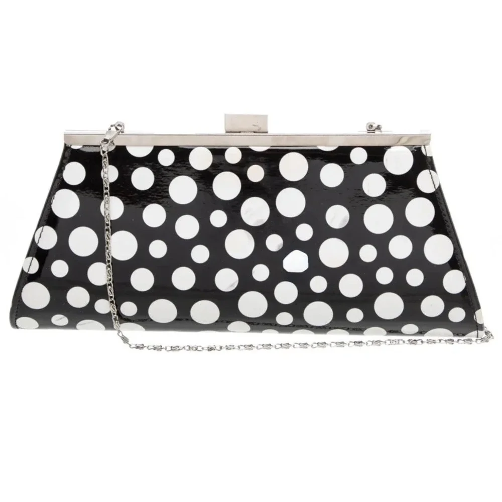 Neiman Marcus Polka Dot Clutch Black White Patent Chain Evening Bag Y2K Style